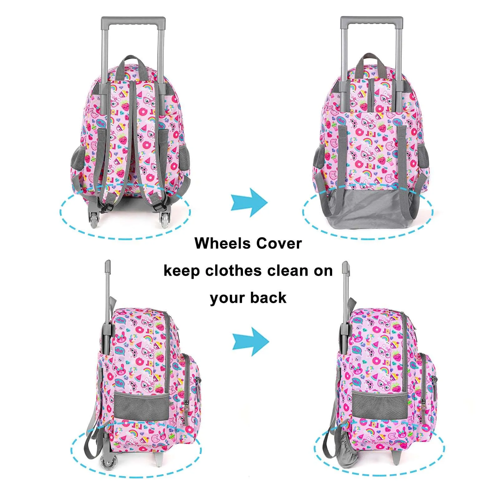 Tilami Pink Cat Rolling Backpack 18 inch with Lunch Bag