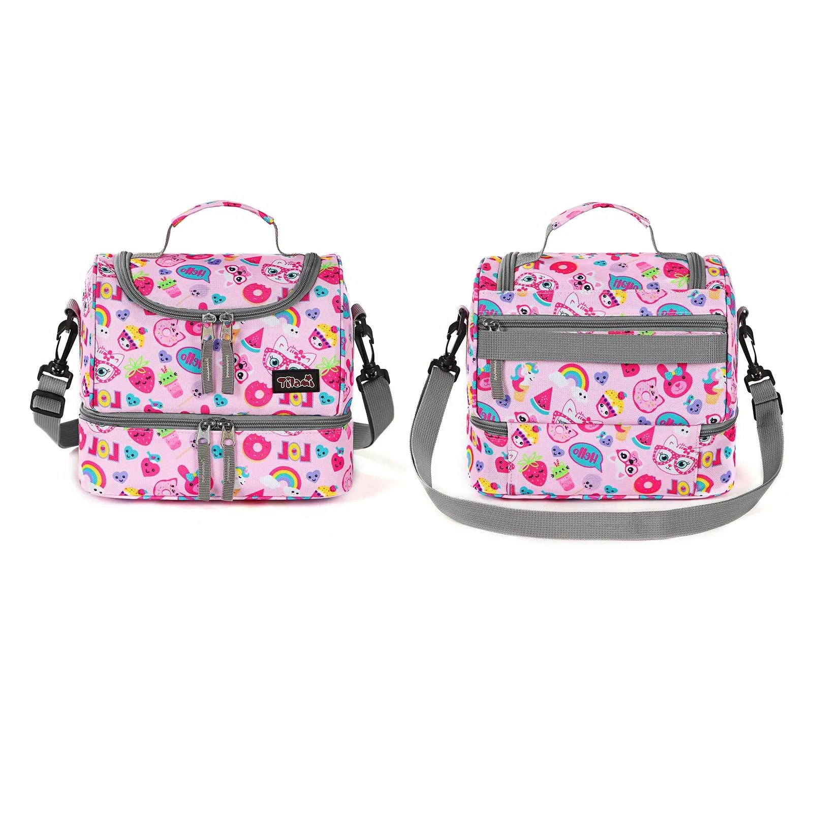Tilami Pink Cat Rolling Backpack 18 inch with Lunch Bag