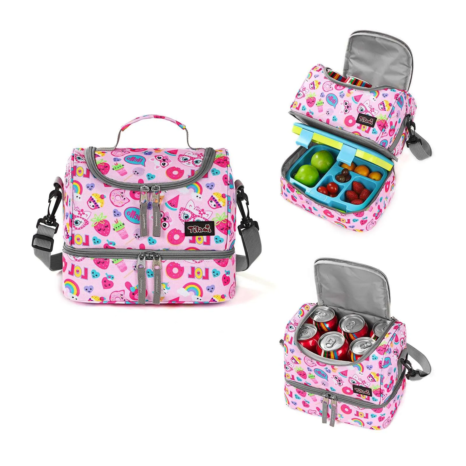Tilami Pink Cat Rolling Backpack 18 inch with Lunch Bag
