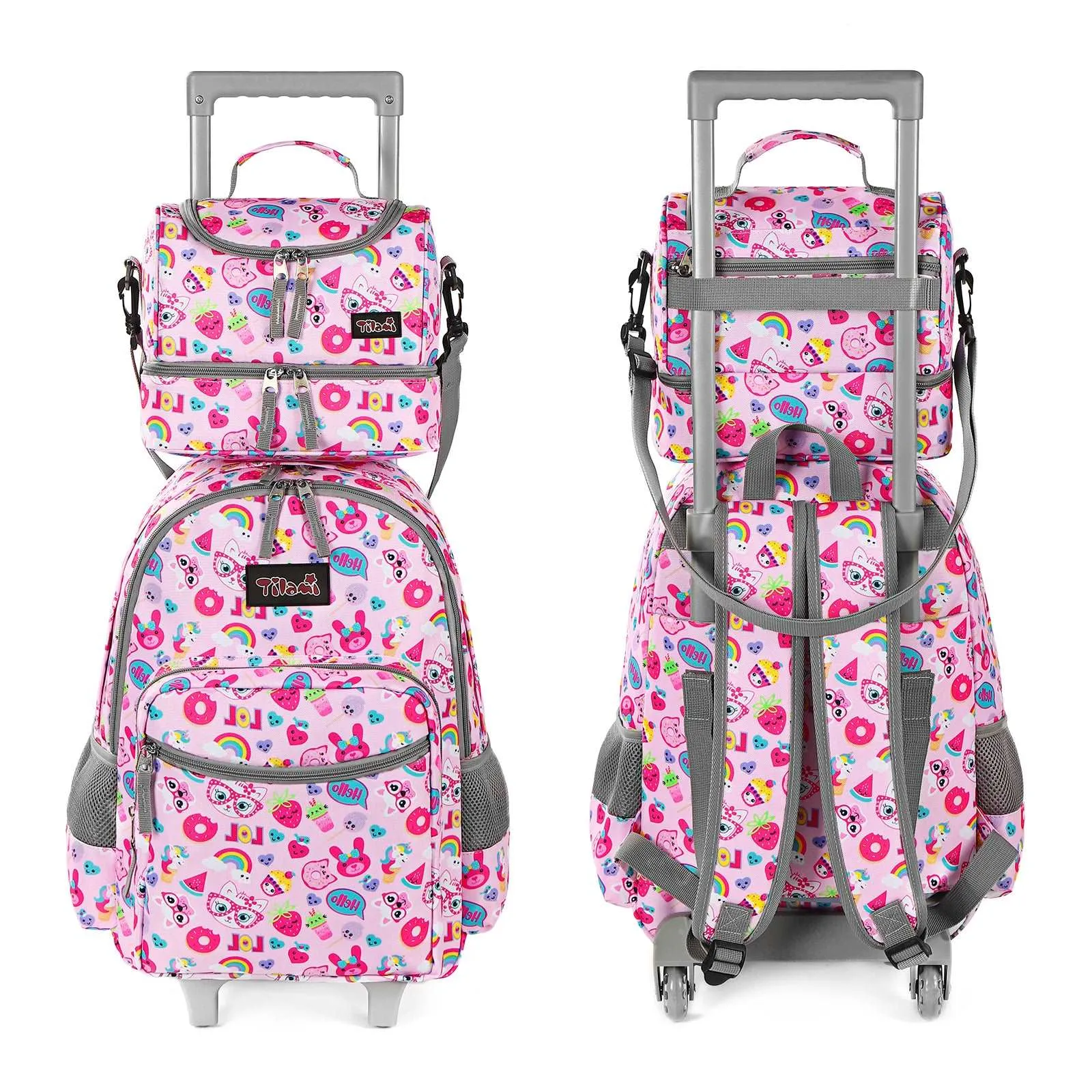 Tilami Pink Cat Rolling Backpack 18 inch with Lunch Bag