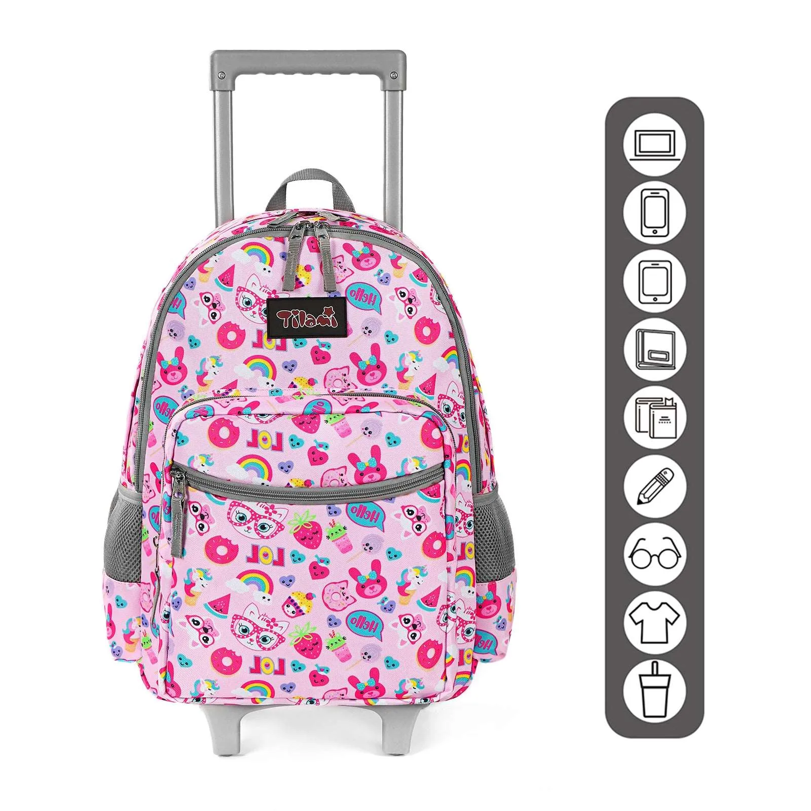 Tilami Pink Cat Rolling Backpack 18 inch with Lunch Bag