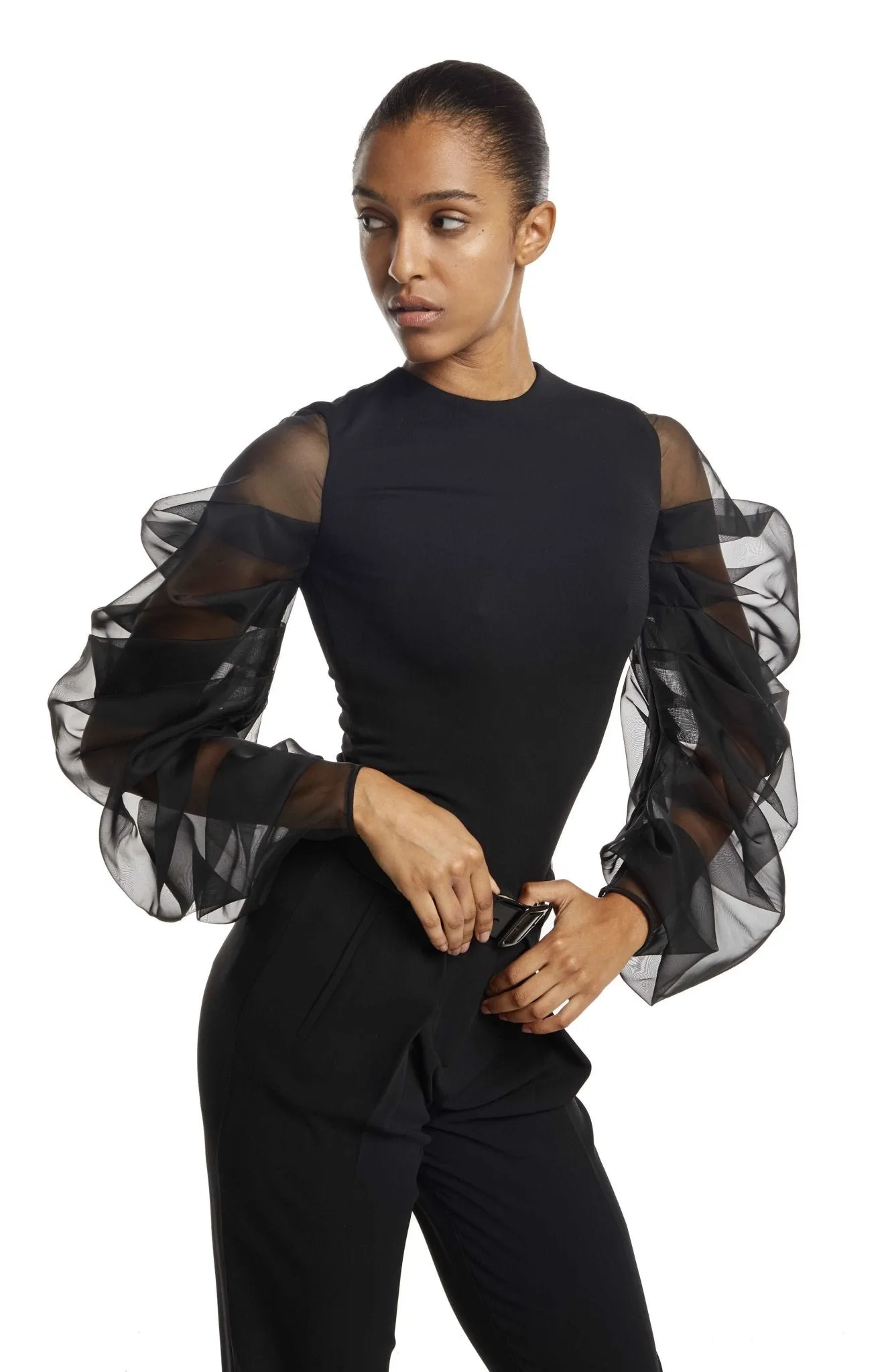 Tolemee | Contemporary Chic: Draped Silk Sleeve Top