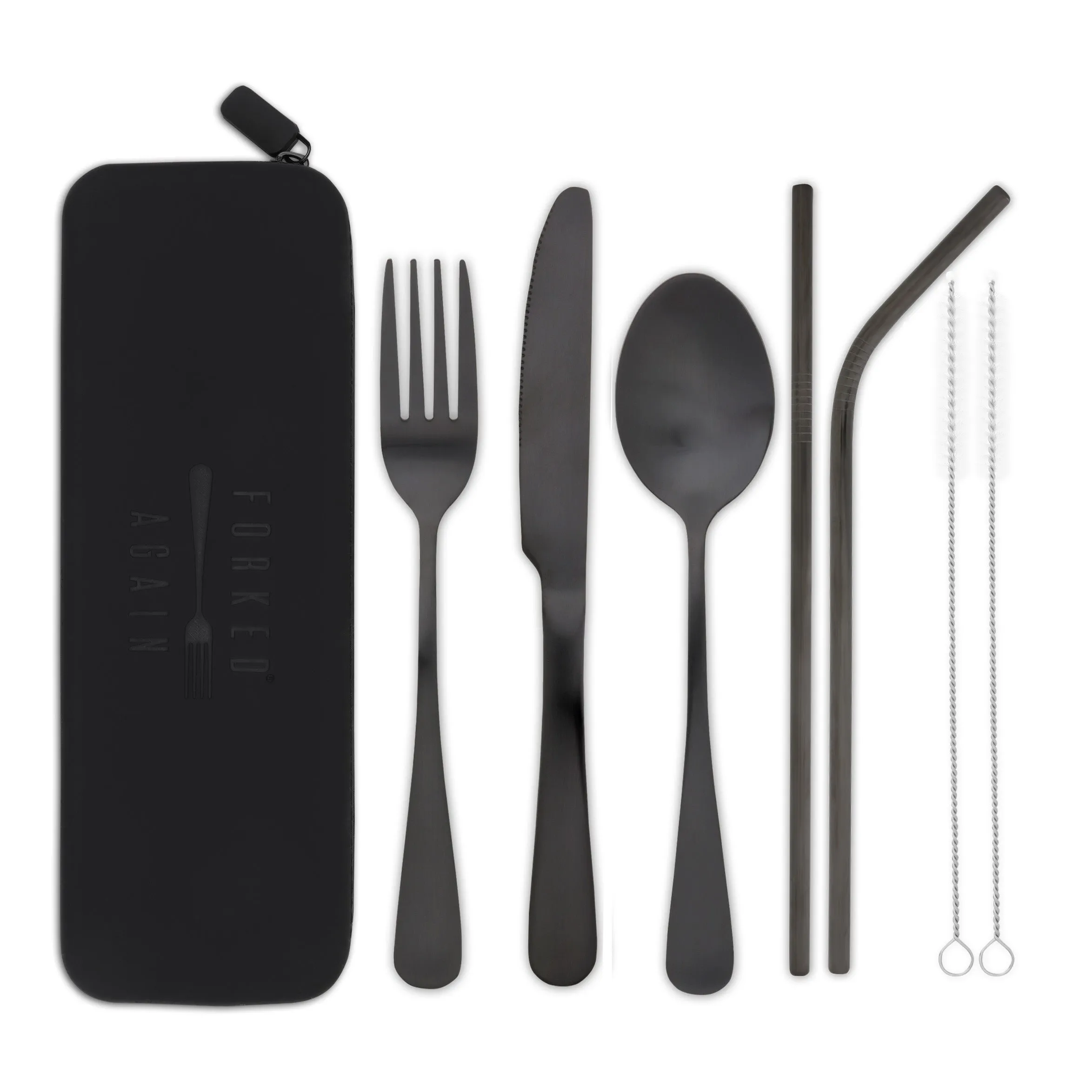 Traditional Silicone Pouch Travel Cutlery Set (Satin Black)