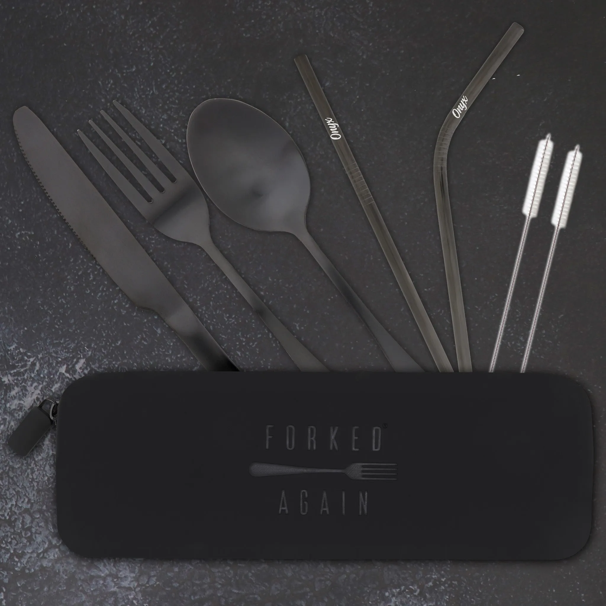 Traditional Silicone Pouch Travel Cutlery Set (Satin Black)