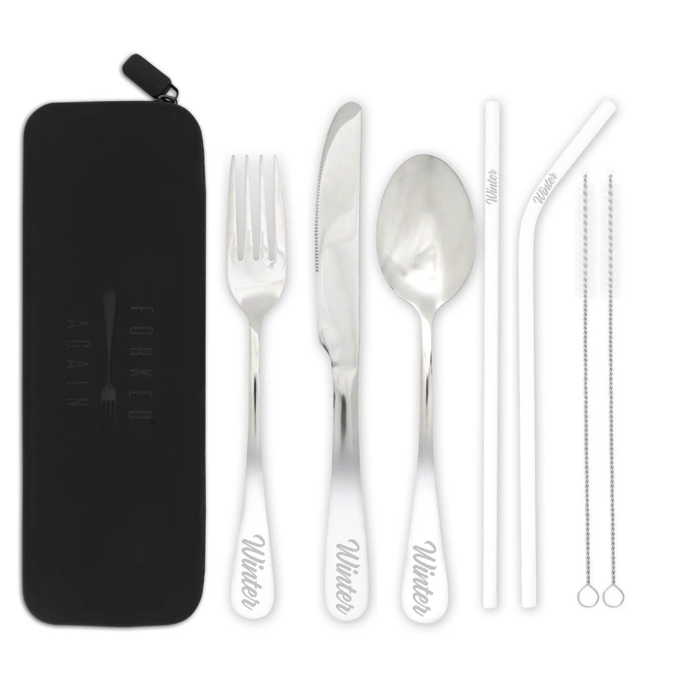 Traditional Silicone Pouch Travel Cutlery Set (White Ombré)