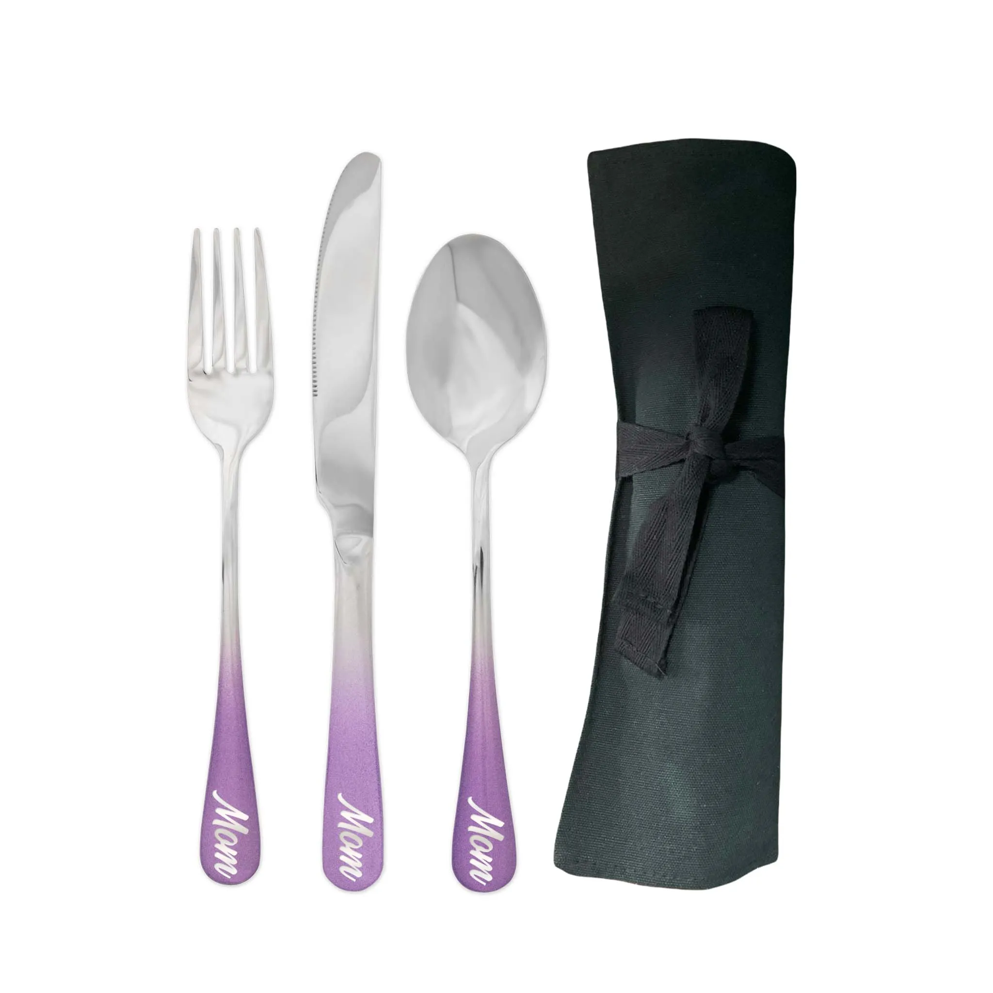 Traditional Travel Flatware Set in a Roll (Glossy Lavender Ombré)