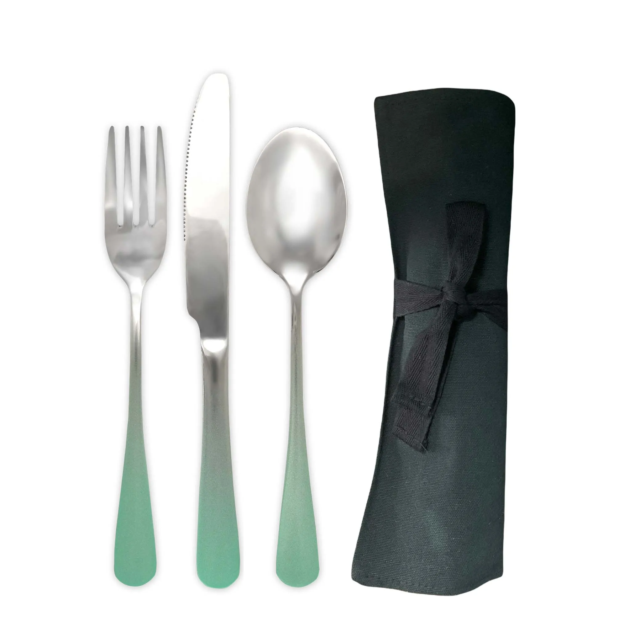 Traditional Travel Flatware Set in a Roll (Glossy Mint Green Ombré)