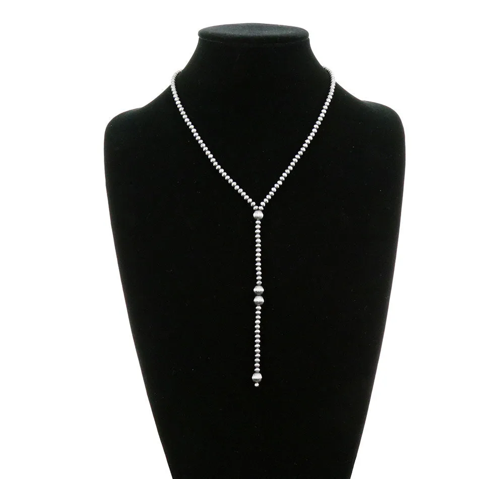Vera Fashion Silver Stamped Bead Y Necklace