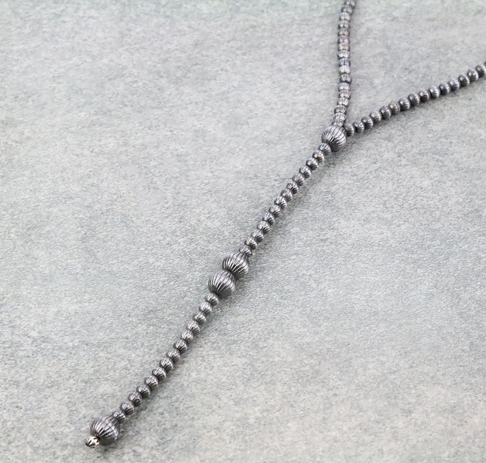 Vera Fashion Silver Stamped Bead Y Necklace