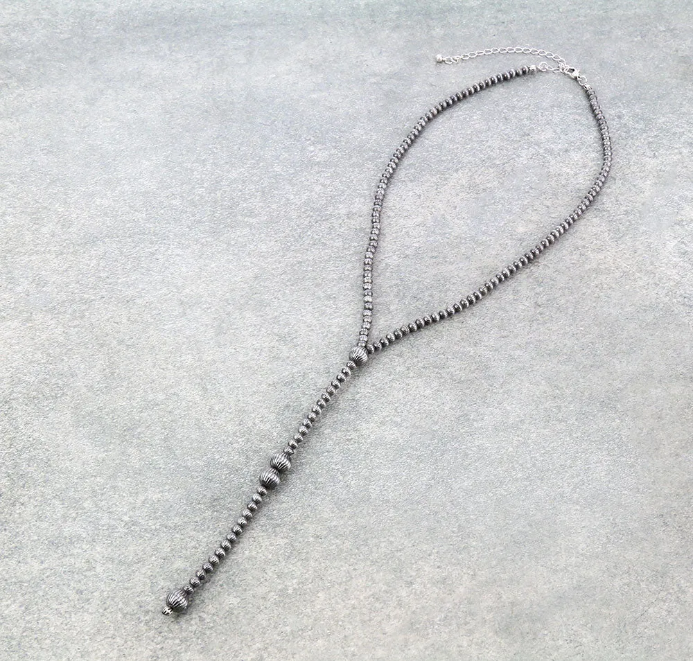 Vera Fashion Silver Stamped Bead Y Necklace