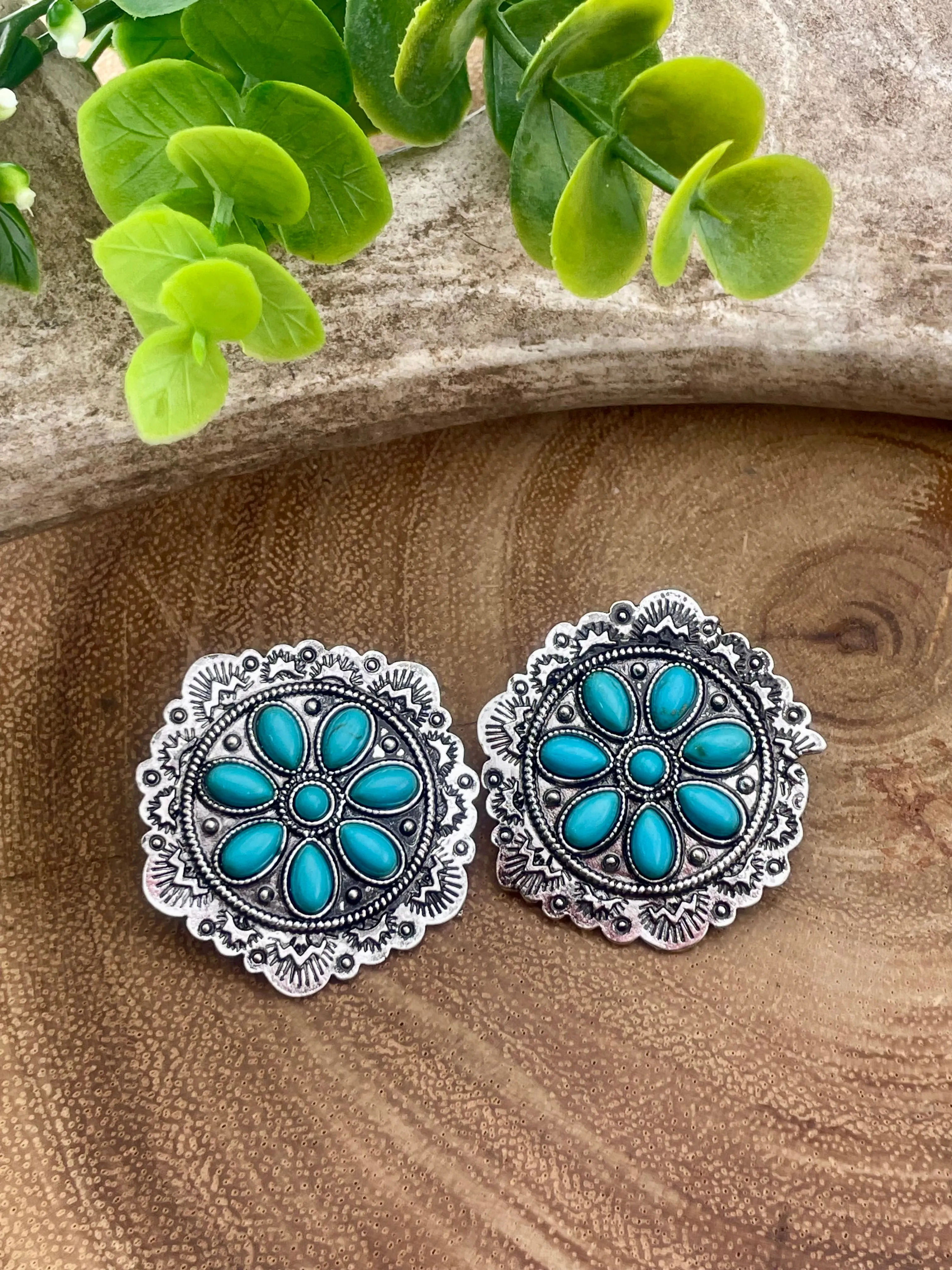 Vesta Round Medallion Necklace or Earrings - Turquoise