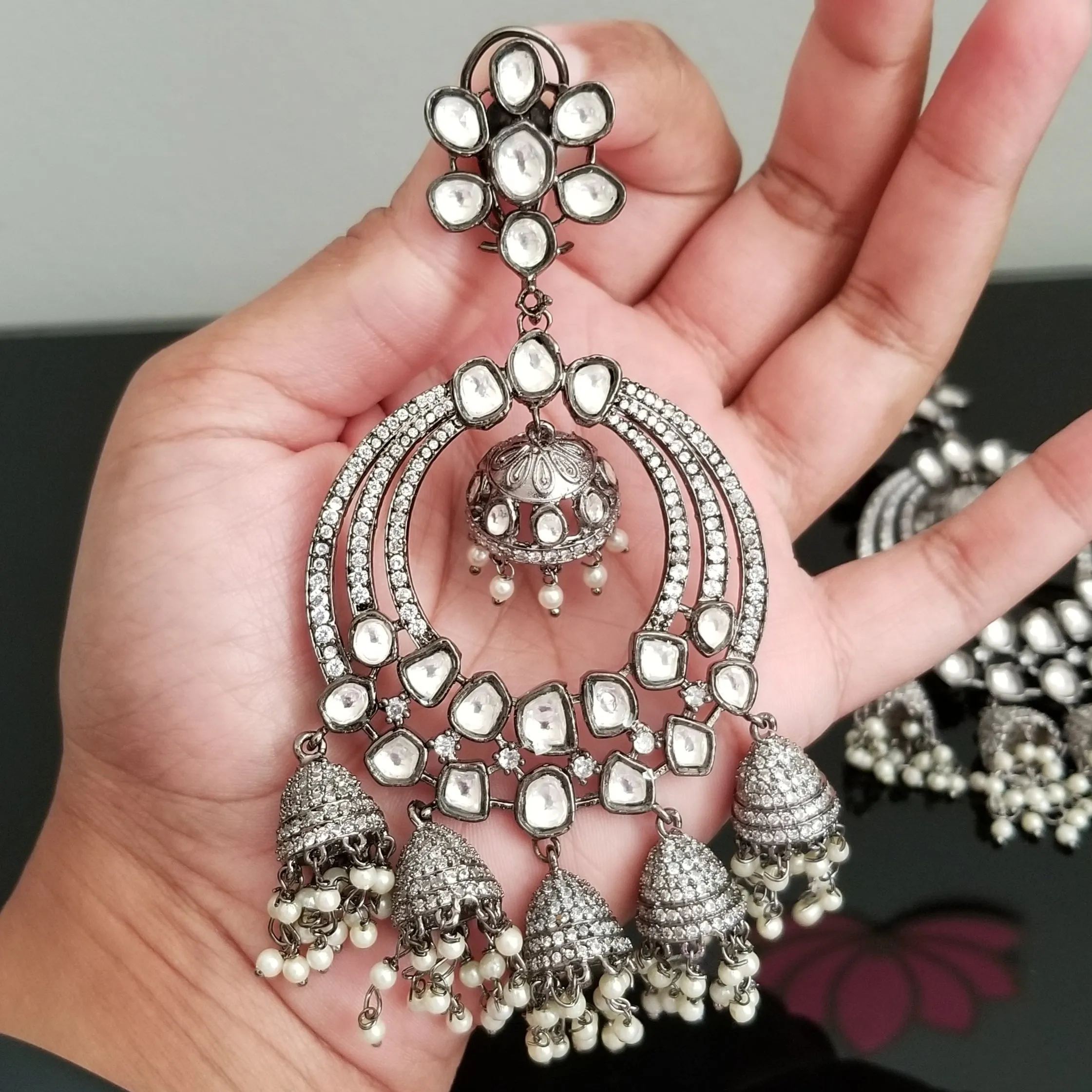 Victorian Polish Big Chandbali Kundan Earrings