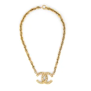 Vintage Chanel Necklace Double Sided CC Logo Faux Crystal Yellow Gold Tone