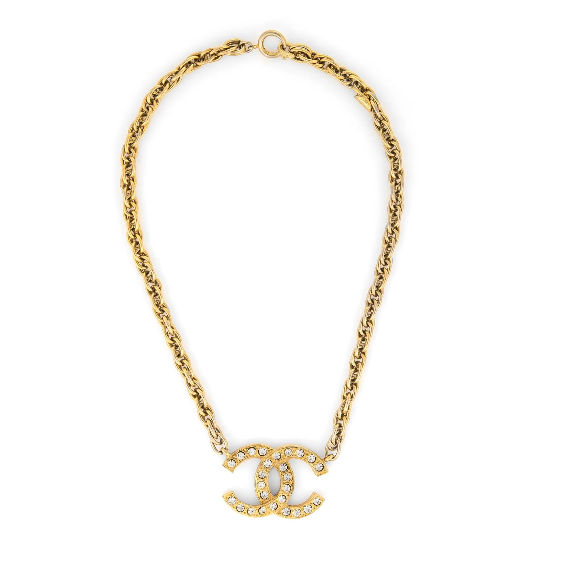Vintage Chanel Necklace Double Sided CC Logo Faux Crystal Yellow Gold Tone