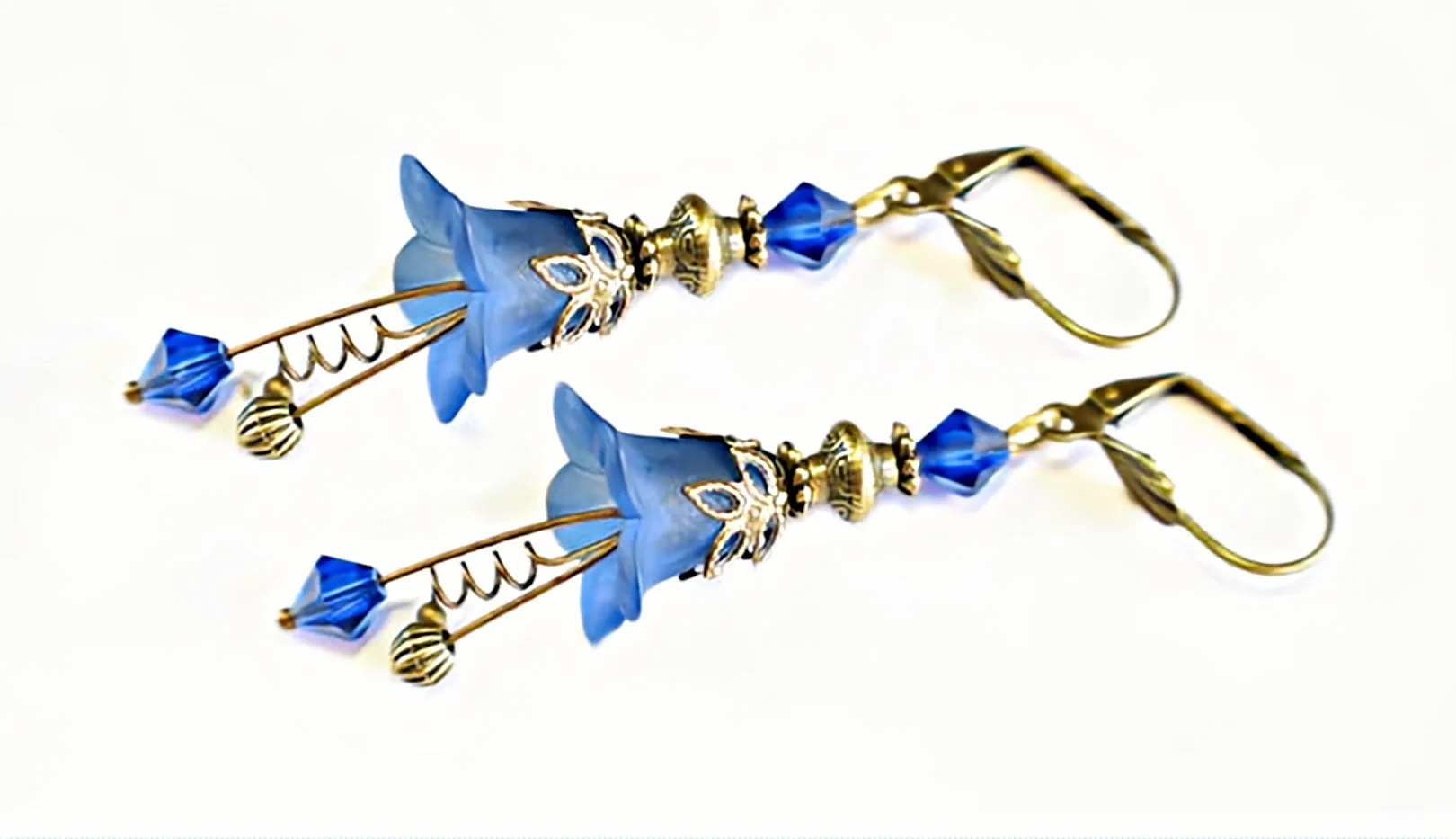 Vintage Victorian Style Royal Blue and Antique Bronze Bell Flower Lucite Earrings