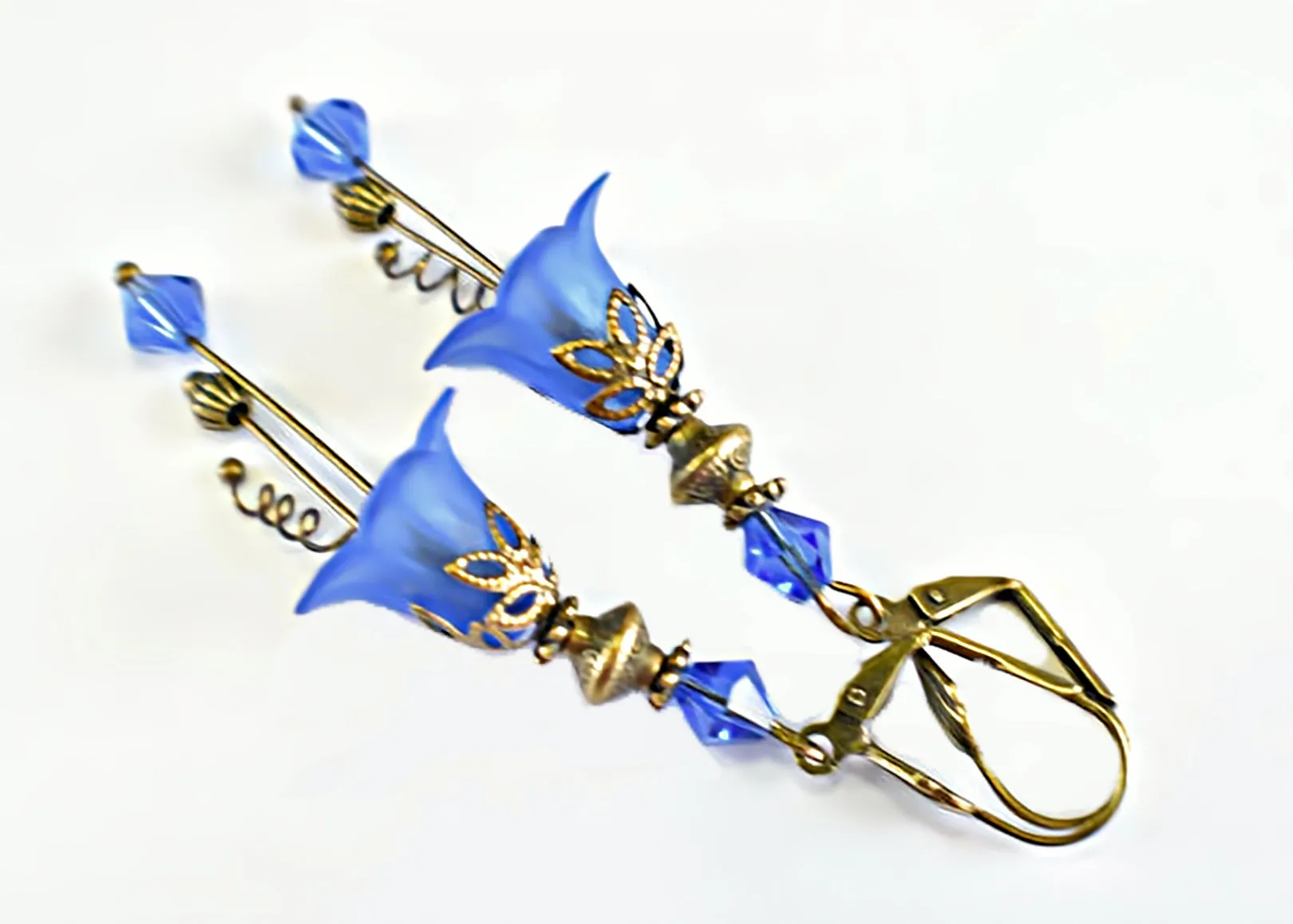 Vintage Victorian Style Royal Blue and Antique Bronze Bell Flower Lucite Earrings