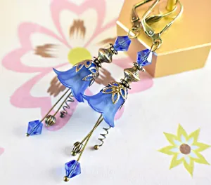 Vintage Victorian Style Royal Blue and Antique Bronze Bell Flower Lucite Earrings