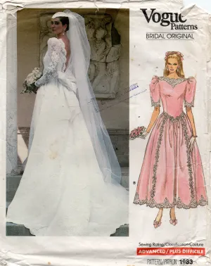 Vogue Bridal Original 1983 Womens Puff Sleeved Plunge Back Wedding or Bridesmaids Dress 1980s Vintage Sewing Pattern Size 12 Bust 34 inches