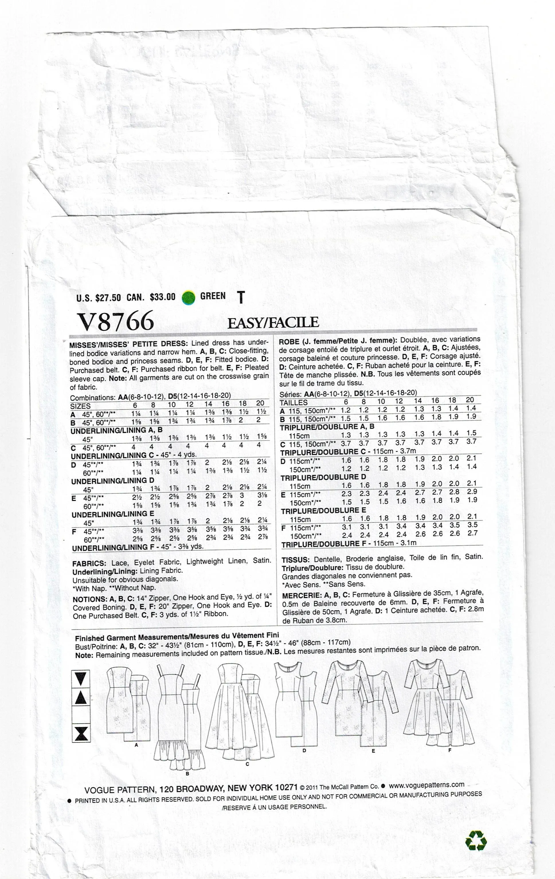 Vogue Easy Options 8766 Womens Fitted Dress With Skirt & Sleeve Variations Out Of Print Sewing Pattern Size 12 - 20 UNCUT Factory Folded