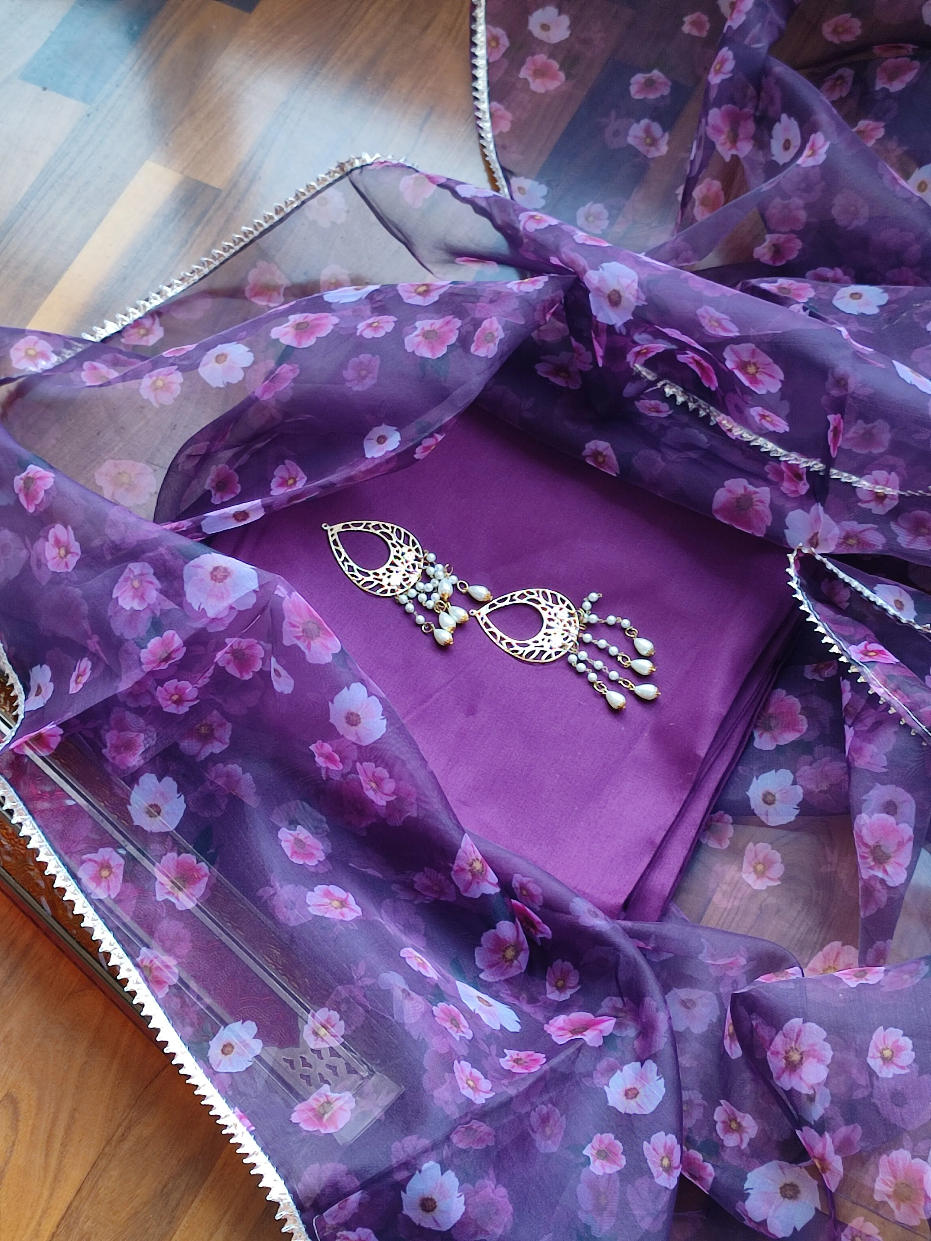 Wine and Purple Organza Dupatta Set