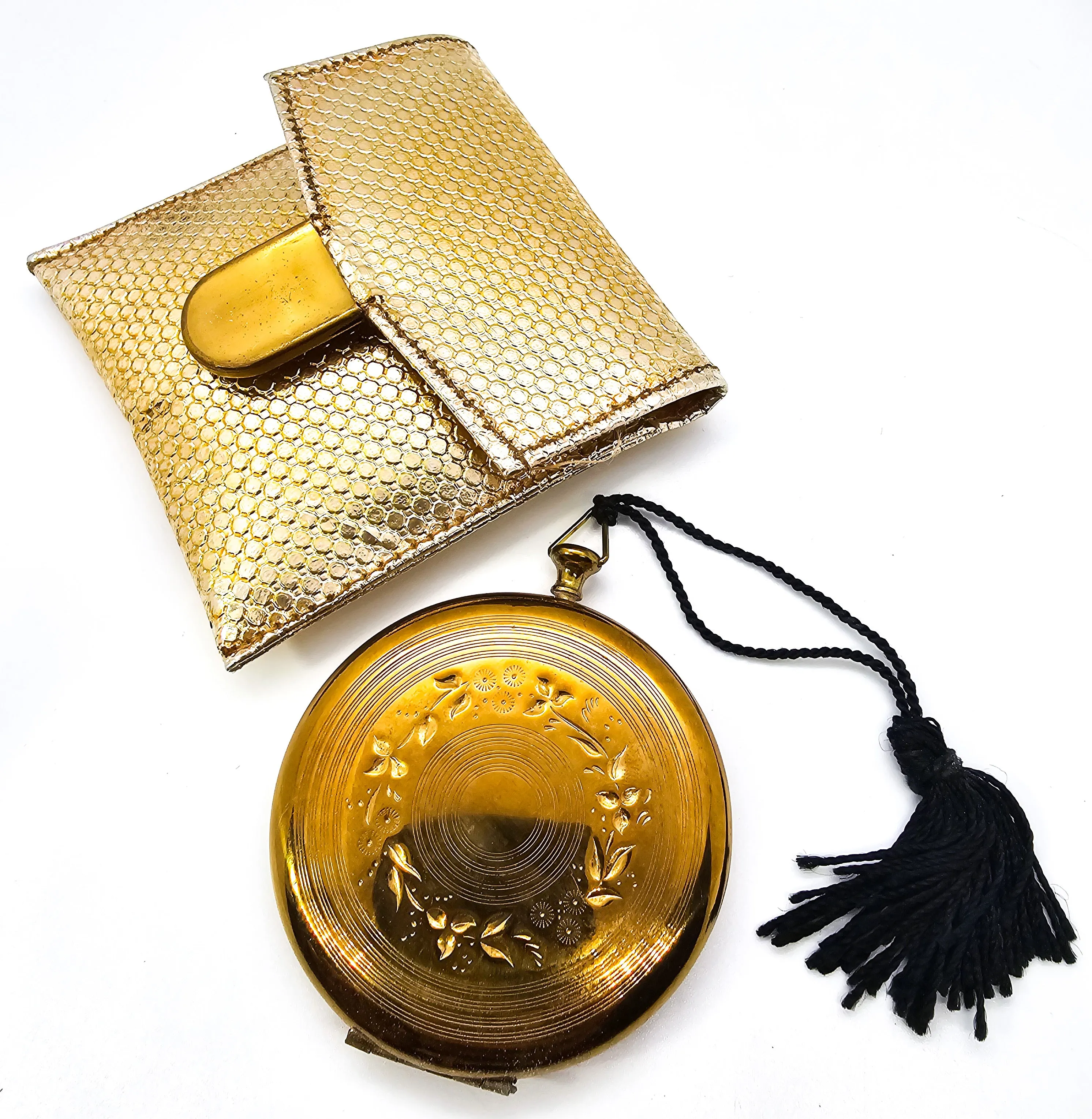 Zell Fifth Avenue gold tones vintage mirror powder compact with tassel mesh case