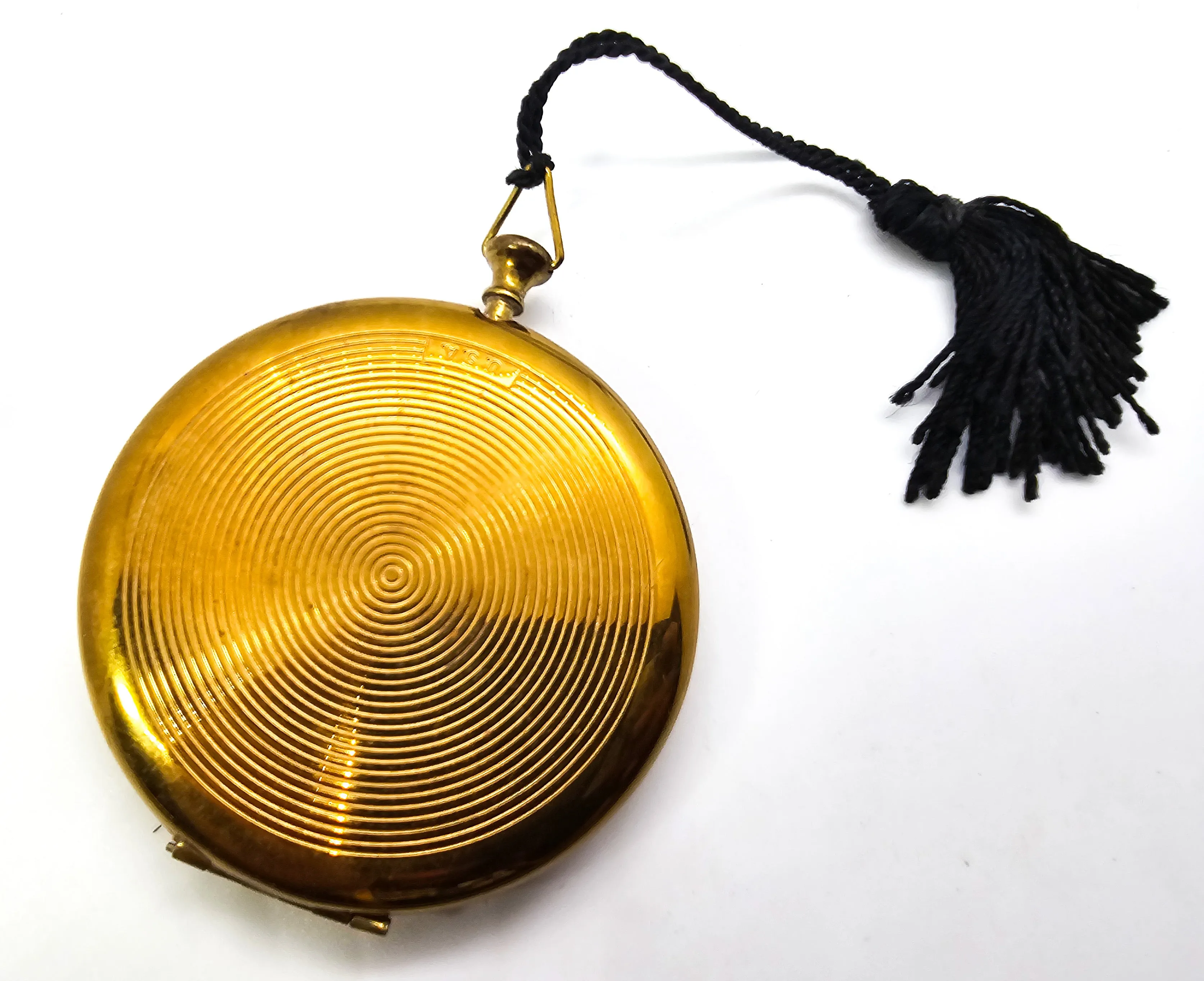 Zell Fifth Avenue gold tones vintage mirror powder compact with tassel mesh case