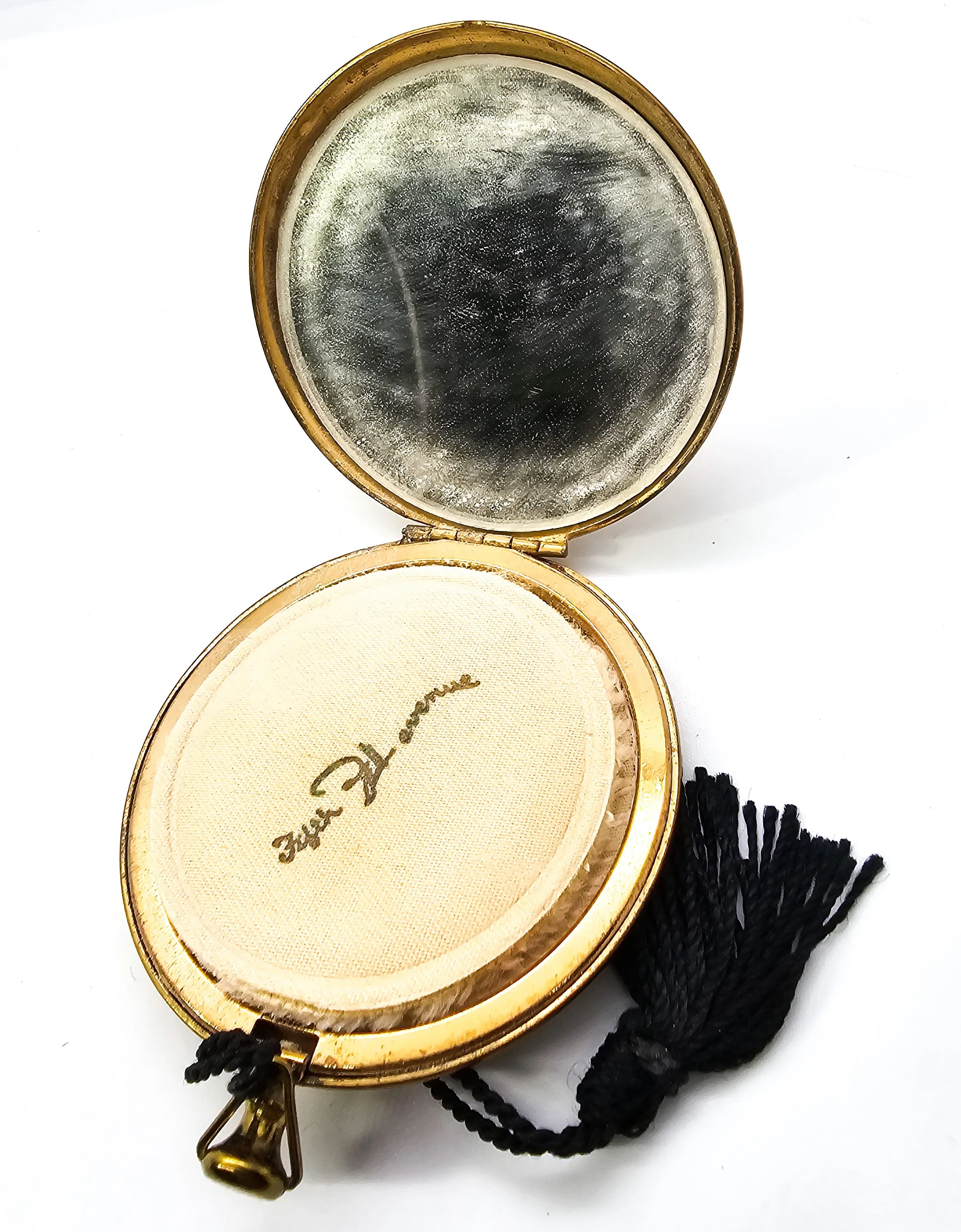 Zell Fifth Avenue gold tones vintage mirror powder compact with tassel mesh case